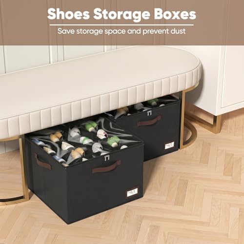 OIAHOMY 2 Pack Shoe Organizer for Closet, Large Foldable Shoe Storage Bins with Dividers and Reinforced Handles, Each Clear Cover Sneaker Box Fits Up to 16 Pairs for Entryway and Bedroom, Black - Image 2