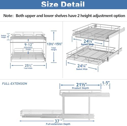 ROOMTEC Individual Pull Out Cabinet Organizer (25½"W x 21½"D), 2 Tier Spice Rack Organizer for Cabinet, Slide Out Drawer Pantry Shelf Organization and Storage for Kitchen Bathroom - Image 3