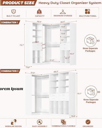 Besiost Closet System with 4 Drawers, 50.5" * 50.5"/ 31.5" * 69.5" Closet Organizer System with Corner Tower, L Shaped Walk-in Closet System, Corner Closet System with Shelves, Set of 3, White - Image 2