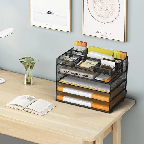5 Tier Paper Letter Tray Desk Organizer with Pen Holders - Black - Image 6