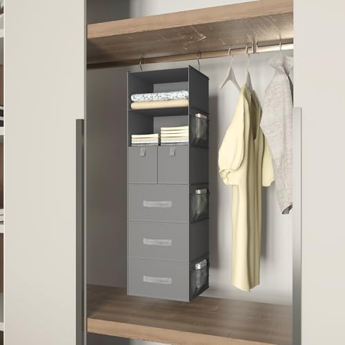6-Shelf Hanging Closet Organizer with 5 Drawers, Non-Woven Storage, Gray - Image 3