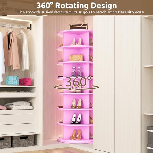 Rotating Shoe Rack 7 Tier Spinning Shoes Organizer Tower for 28-32 Pairs Lazy Susan 360 Revolving Shoe Storage Cabinet Rotate Shoe Handbag Rack Round Carousel for Closet, Bedroom (Pink) - Image 4