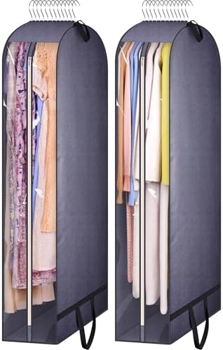 KIMBORA 10" Gusseted Clear Wedding Dress Bags for Gowns, 60" Garment Bags for Hanging Clothes Storage with Handles, Suit Bags for Closet Storage, Dress Cover for Long Dresses, Coats (2 Packs, Grey) by KIMBORA