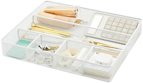Annova Desk Top Organizer Tray for Office Organization - Metal Mesh - Storage Tray with Dividers for Pens, Desktop Accessories, Bathroom, Kitchen, Makeup and Office Supplies (Large, White) by LivingNecessities