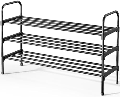 Kitsure Shoe Rack - 3-Tier Space-Saving Shoe Organizer & Shoe Shelf with Handle, Easy Assembly, Sturdy Metal Shoe Rack for Closet, Entryway, Bedroom, 28.0" x 11.8" x 26.5", Black by Kitsure
