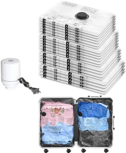 Vacuum Seal Bags for Clothing Travel and Home Storage, Travel Vacuum Bags with Electric Pump, Space Saver Compression Packing Cubes for Luggage Suitcase Bedding Blankets Clothes, 20 Combo by SUOCO
