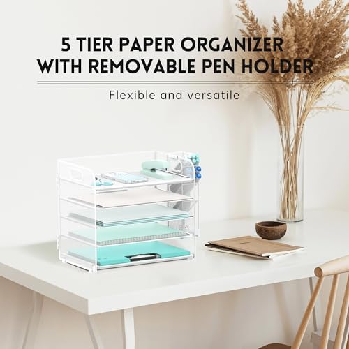 5-Tier Paper Organizer for Desk with Pen Holders, Letter Trays, White - Image 2