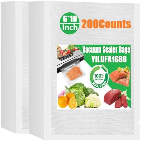 Vacuum Sealer Bags for Food - 200 Pack 6"x10" Precut | Commercial Grade BPA-Free | 6X Freshness | Airtight Storage | Fits All Clamp Machines | For Food Saver, Freezer & Sous Vide by YILUFA1688