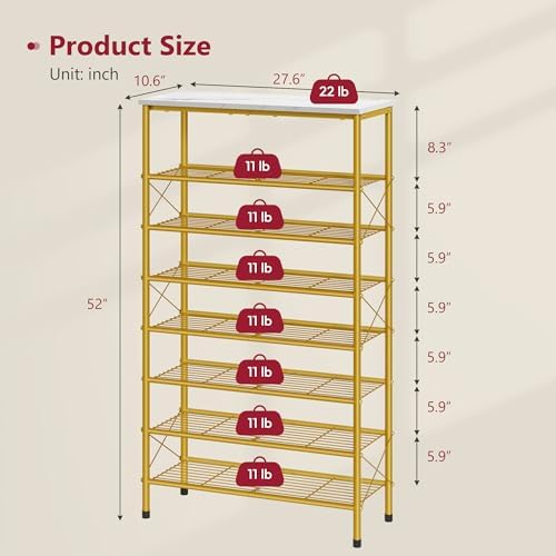 Tajsoon 8 Tier Shoe Rack Organizer for 28-32 Pairs of Shoes, White & Gold - Image 3