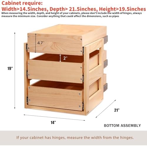 Mulush Pull Out Drawers For Cabinets, 14''W×21''D×19''H Soft Close Slide Out Wood Shelves Storage Organizer for Kitchen, 3-Tier, Finished, Heavy-Duty, Bottom Assembly - Image 3