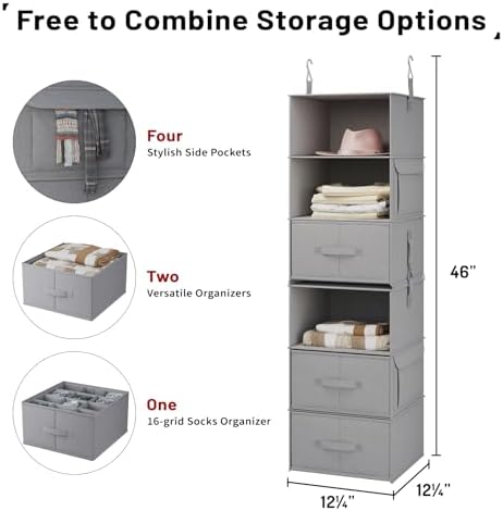 6-Shelf Hanging Closet Organizer with 3 Drawers, Separable, Medium Gray - Image 3