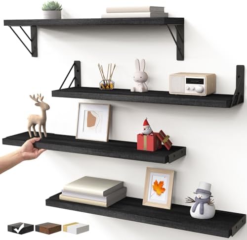 BAYKA Wall Mounted Floating Shelves, Wood Floating Wall Shelf for Books & Decor, Small Space-Saving Display & Organizer（Black，23in，Set of 4） by Bayka