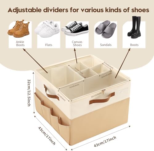 Varhomax Shoe Organizer Box for Closet, Fabric Shoe Storage Bin with Adjustable Dividers & Clear Cover, Holds up 16-32 Pairs of Sneakers & Sandals for Entryway, Cubby - Image 4