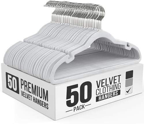 Our Modern Space 50 Pack Velvet Hanger for Shirt Pants Dresses Skirts Suits Jackets - Slim Space Saving Design - Standard Coat Hanger - Sturdy & Durable Design with Shoulder Grooves Hook by OurModernSpace