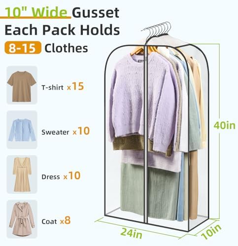 LANDNEOO 6 Pack Clear Garment Bags for Hanging Clothes with Zippers on Double Sides - 10'' Clothes Storage for Coat, Dress, and Fur in Closet - 40'' Long Suit Bags - Image 2