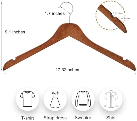 TOPIA HANGER Wooden Hangers 30 Pack, 0.28-inch Thick Slim Wood Clothes Hanger with Flat Design and Smooth Notches, Lightweight Space Saving Hangers for Shirt, Coat, Camisole (Walnut)-CT31WA - Image 2