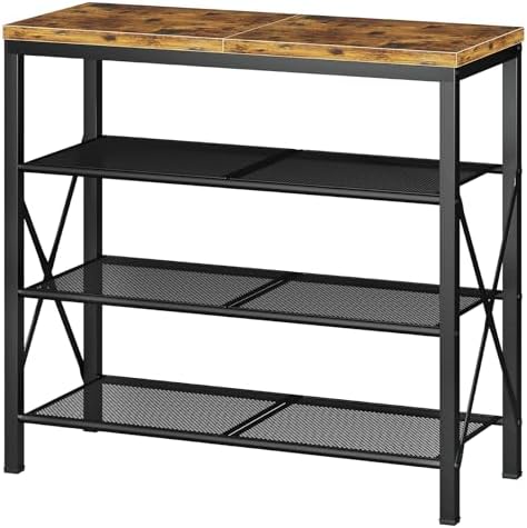 4 Tier Shoe Rack, Metal Shoe Organizer with Wooden Top, Shoe Shelf for Entryway Closet Door Entrance, Rustic Brown by MILEFA