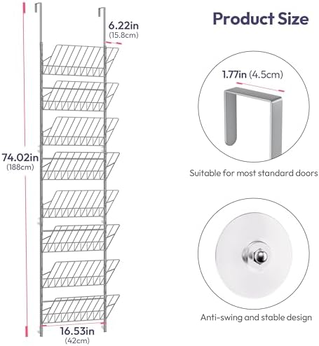 SWTYMIKI Over the Door Shoe Organizer - Adjustable 8 Tier Hanging Shoe Rack Organizer, Metal Heavy Duty Behind Door Storage or Wall Mount Shoes Shelf for Flats, Heels, Sneakers, Boots, Silver - Image 2