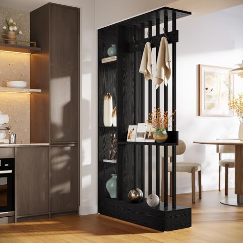 Tribesigns Wall Room Divider, Wood Freestanding Room Divider Bookcase with Shelves & Coat Hooks, 71" Modern Wall Partition for Home & Office Decorative, Black - Image 3