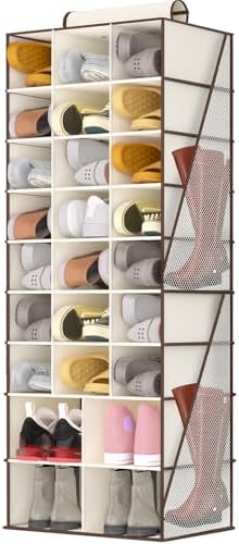 Hanging Shoe Organizer for Closet-Collapsible Storage Rack with 25 Sections & 4 Side Pockets, Hanging Shoe Shelves for Hats,and Clothes, Beige by VERONLY
