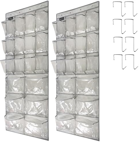 2 Pack Extra Large Hanging Crystal Clear Over Door Shoe Organizers, Closet Shoe Rack Organizer, 12+6 Pockets, 8 Hooks, Grey (59" x 21.6") by TidyMaster
