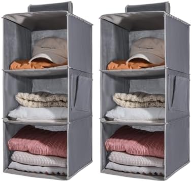 2 Packs Hanging Closet Organizer Stroage, 3-Shelf Hanging Shelves with Bamboo Inserts & Side Pocket, Grey by WelcometoYRCBEHFU