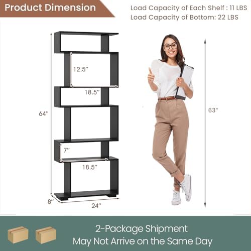 6 Tier S Shaped Bookshelf, Wood Geometric Bookcase, Modern Room Divider and Display Shelf, 64" Tall Staggered Bookshelf for Bedroom Living Room Office Study (2, Black) - Image 2