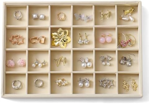 Large Jewelry Organizer for Drawer Insert Velvet Stackable Jewelry Trays for Earring Necklace Bracelet Ring Display (Beige, 24 Grids) by Unknown