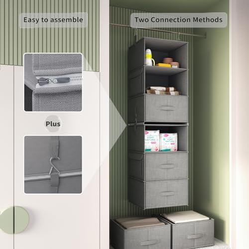 6-Shelf Hanging Closet Organizer with 3 Drawers, Separable, Medium Gray - Image 5