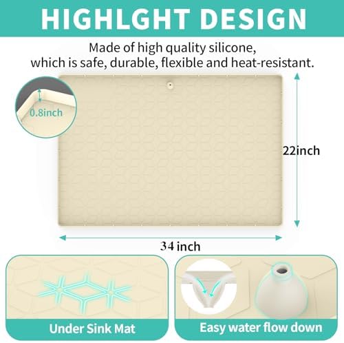 Under Sink Mat for Kitchen Silicone Waterproof Under Sink Liner, Flexible Sink Cabinet Organizer Tray with Drain Hole, Hold up to 3.3 Gallons Liquid, Easy to Clean (Beige, 34X22) - Image 2