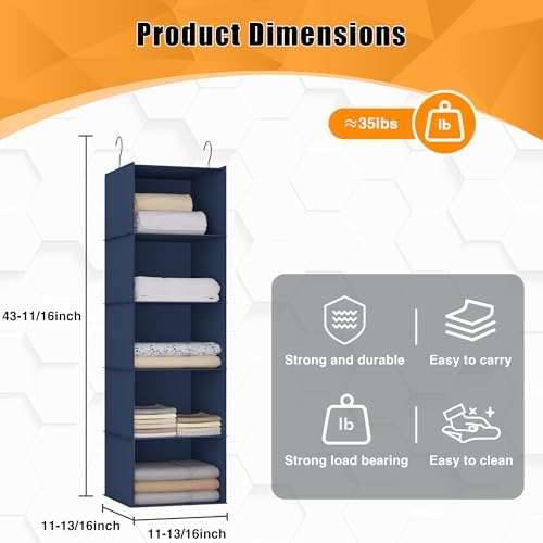 Hanging Closet Organizer 5-Shelf, Oxford Fabric Wardrobe Storage, Navy Blue - Image 3
