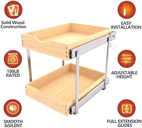 JOWBOOW 2 Tier Pull Out Cabinet Organizer 14"W x 22"D, Solid Wood - Image 4
