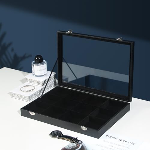 Coward Jewelry Organizer Box, Black Velvet 12 Grids Bracelet Bangle Necklace Jewelry Display Tray Case with Transparent Glass Lid for Home Drawer Desk or Store Selling Show - Image 7