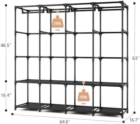 Portable Closet for Hanging Clothes, 67 Inch Wide Portable Wardrobe Closet with Cover, 4 Hanging Rod, Storage Shelves and Side Pockets, Large Free Standing Closet for Bedroom, Black - Image 3