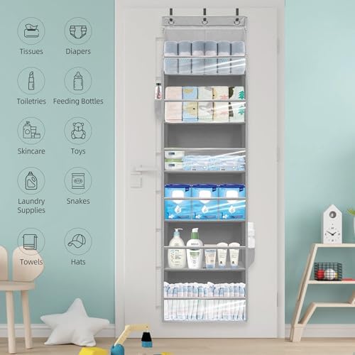 Over Door Organizer with 6 Extra Large Pockets and 12 Side Pockets, Large Capacity Hanging Storage Organizer with Clear Window for Shoes, Diapers, Grey, 6 Layers, 2-Pack - Image 7