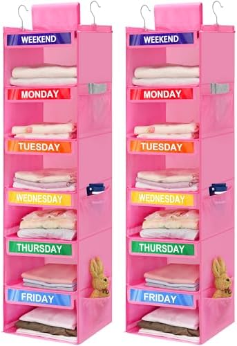 2 Pack 6-Shelf Weekly Clothes Organizer for Kids, Hanging Daily Closet Organization with 6 Side Pockets, Days of The Week Clothing Divider Storage for Boys and Girls (Pink) by Fivebop