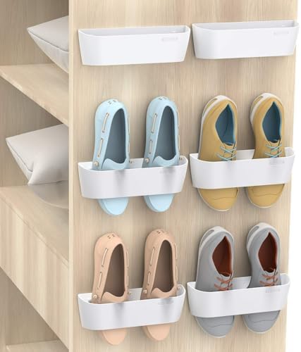 6Pack Wall Shoe Rack, Adhesive or Screw Mount for RV, White by Yocice