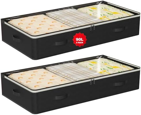 90L Under Bed Storage Containers,2-Pack Closet Organizer Storage Bins,Black by BOOMIBOO