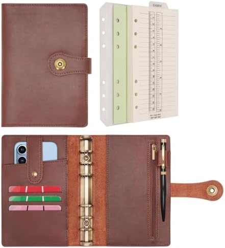 Wonderpool A6 Binder Journal Leather Spiral Notebook Refillable College Ruled Paper, Budget Binder Rings Diary Organizer with Pen for Office School Travel Business Planning Writing (Coffee,A6) by Wonderpool
