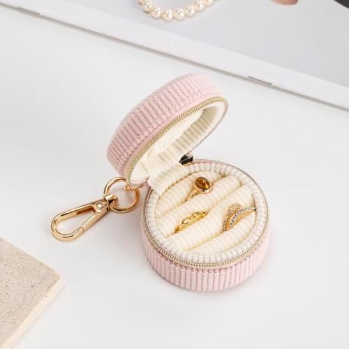 Ring Box & Holder with Keychain, Mini Velvet Jewelry Travel Case, Small Organizer for Earrings Necklaces, Engagement Wedding Couples Gift for Women Bride (Pink) - Image 4