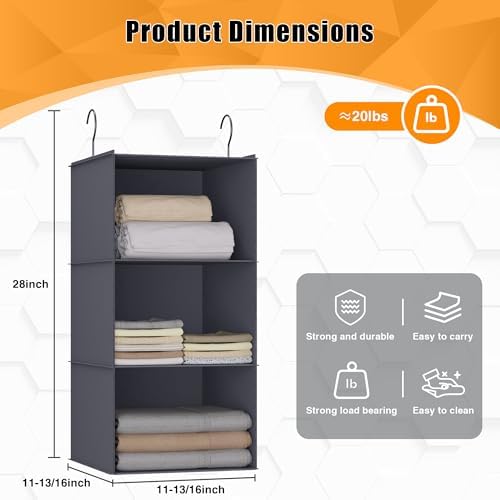 Hanging Closet Organizer 3-Shelf, Oxford Fabric Wardrobe Storage, Dark Gray - Image 3