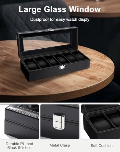 Uten Watch Box 6 Slots, Watch Case Organizer with Glass Lid, All Black - Image 3