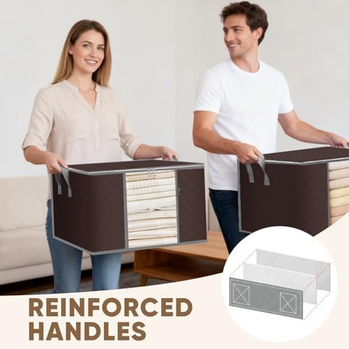BALEINE 4 Pack Clothes Storage Bags, 16 Gallon Storage Containers with Reinforced Handle, Sturdy Zipper, Closet Organizer for Blanket, Comforter, Pillow, Bedding (Brown, 4 Pack) - Image 5