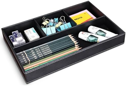 KINGFOM Pu Leather Desk Organizer Tray, 4 Compartment Office Storage Supplies Stationery Drawer Tray, Nightstand Bedside Tray for Key, Wallet, Sunglass, Watch, Coin, Phone Valet Tray Stackable Black - Image 5