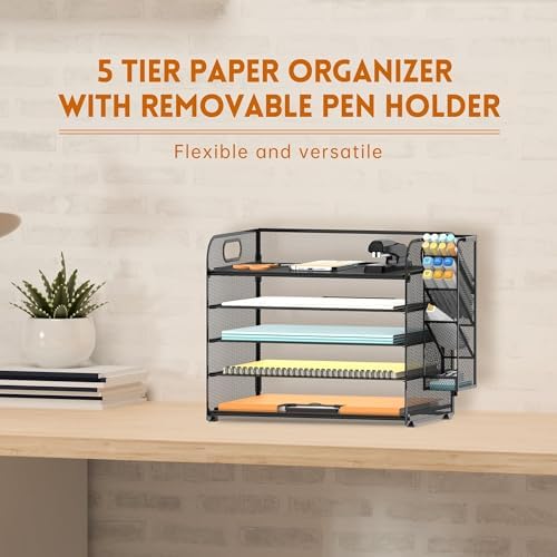 5-Tier Paper Organizer for Desk with Pen Holders, 2-Pack, Black - Image 2