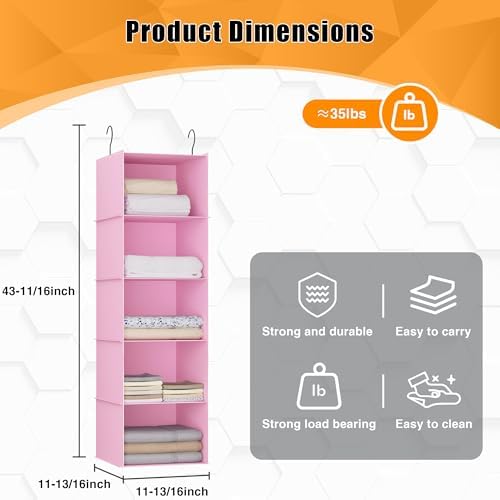 Hanging Closet Organizer 5-Shelf, Oxford Fabric Wardrobe Storage, Pink - Image 3