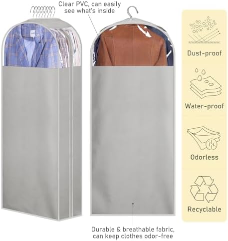 MISSLO 10" Gusseted Garment Bags for Hanging Clothes 40"+50" Clear Suit Bags for Closet Storage Dress Bag for Gowns Long Coat Protector, 3 Packs, Grey - Image 5