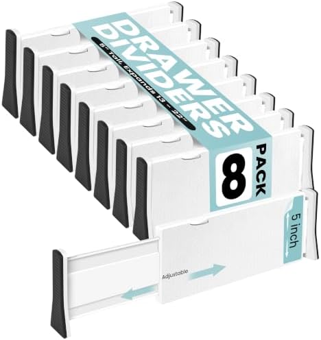 RAPTUROUS White Expandable Drawer Dividers (5" Tall, 13"-22" Long, 8 Pack - White) by Rapturous
