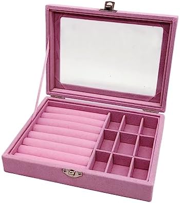 Colorsheng Velvet Glass Jewelry Ring Display Stand Storage Box Rings Earrings Jewelry Box Ring Holder Case (Pink) - Image 2