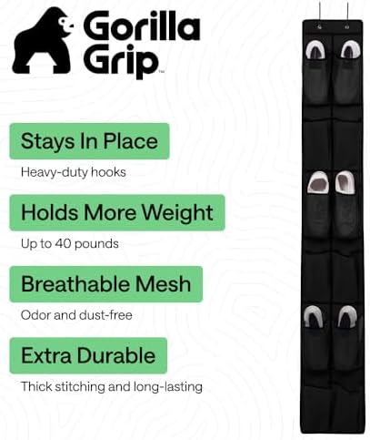 GORILLA GRIP Over the Door Shoe Organizer, 12 Large Pockets, Black - Image 2